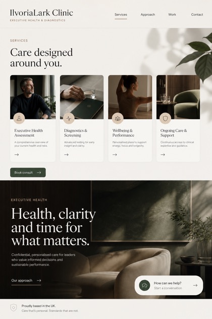 Healthcare website design for United Kingdom, showing a clear opening, service information, supporting content, and a focused inquiry action.