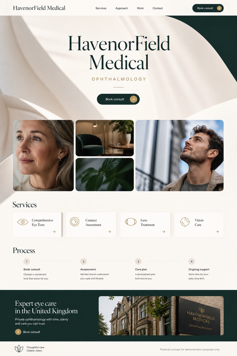 Healthcare website design for United Kingdom, showing a clear opening, service information, supporting content, and a focused inquiry action.