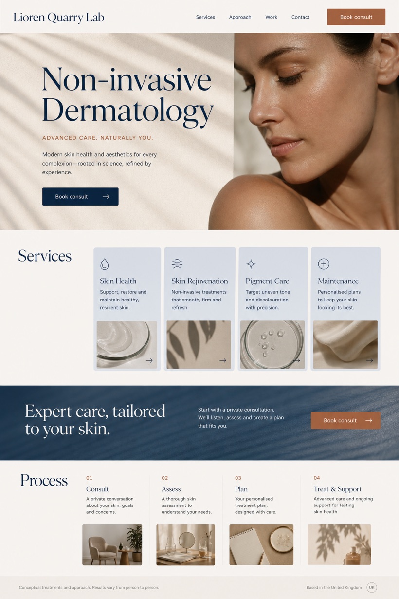 Healthcare website design for United Kingdom, showing a clear opening, service information, supporting content, and a focused inquiry action.
