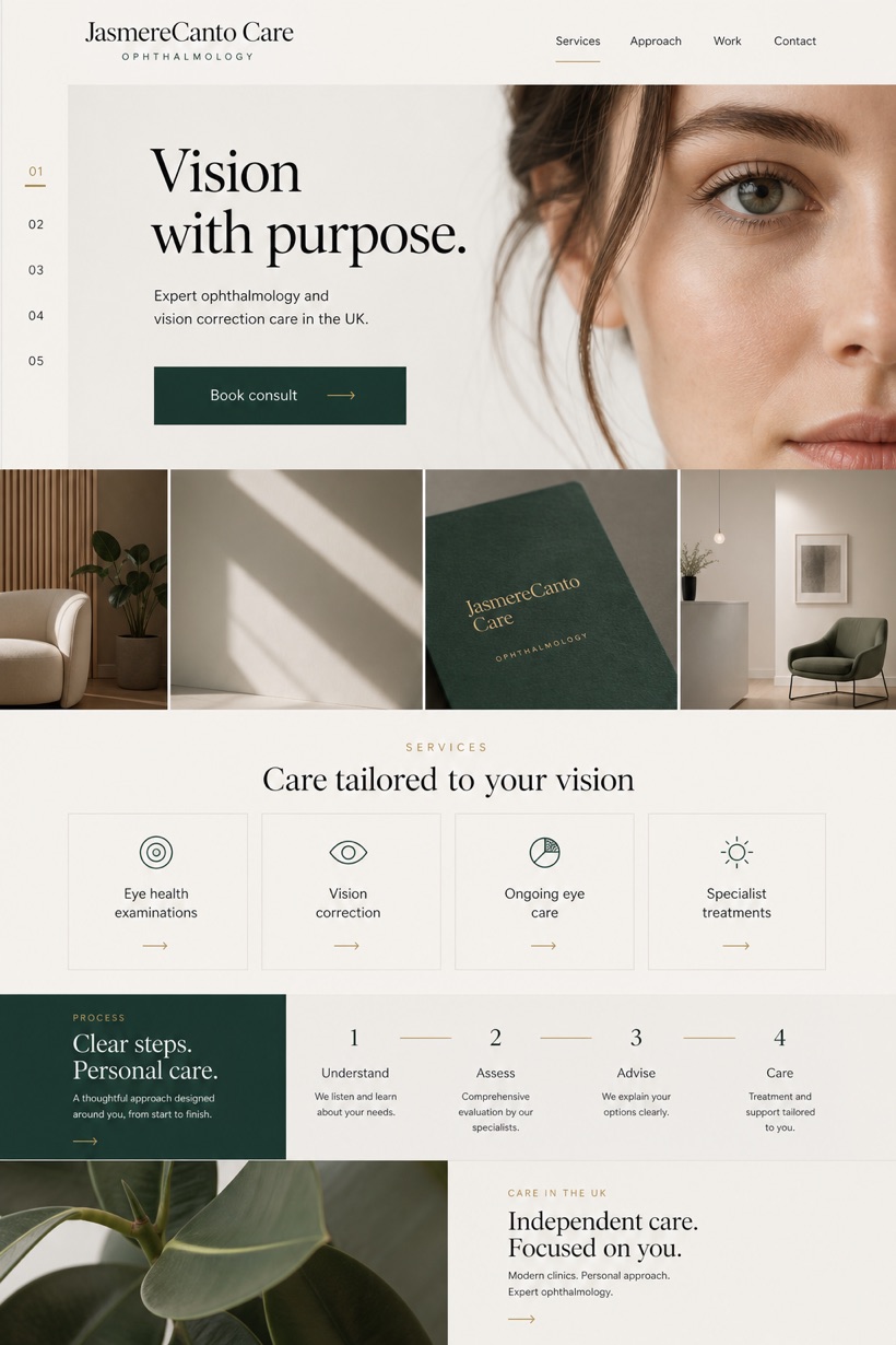 Healthcare website design for United Kingdom, showing a clear opening, service information, supporting content, and a focused inquiry action.