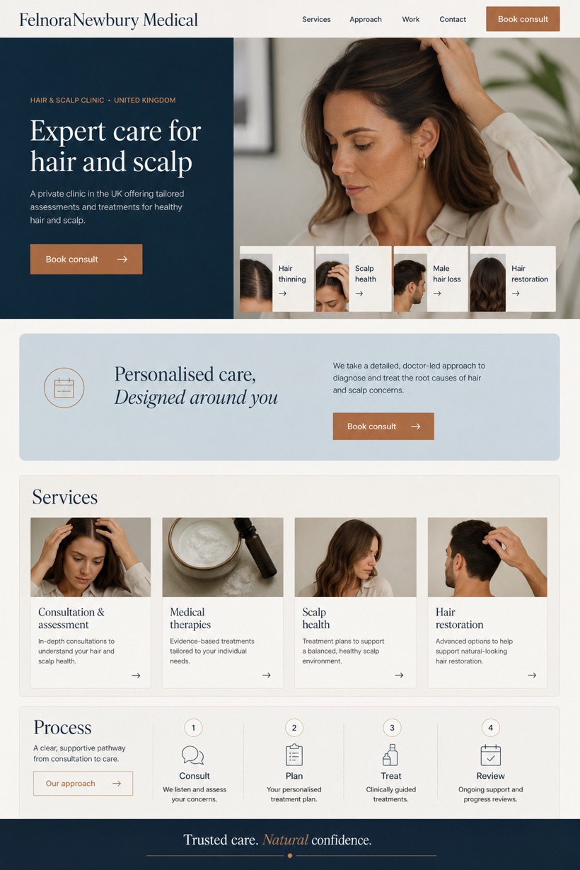 Healthcare website design for United Kingdom, showing a clear opening, service information, supporting content, and a focused inquiry action.