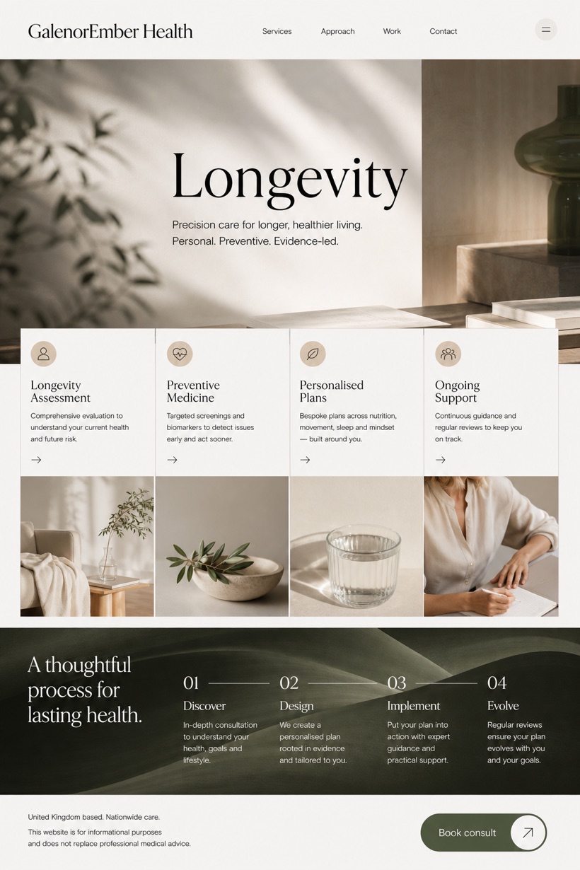Healthcare website design for United Kingdom, showing a clear opening, service information, supporting content, and a focused inquiry action.