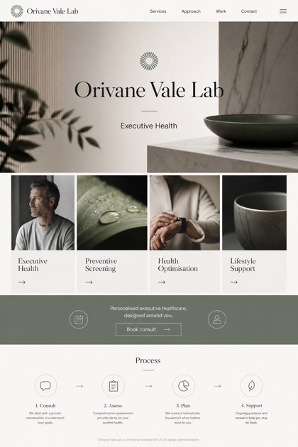 Healthcare website design for United Kingdom, showing a clear opening, service information, supporting content, and a focused inquiry action.
