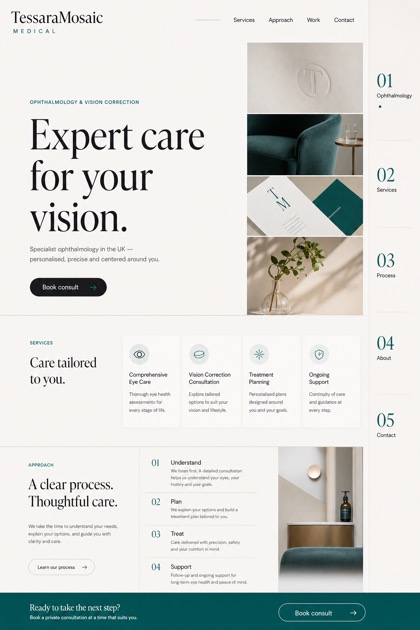 Healthcare website design for United Kingdom, showing a clear opening, service information, supporting content, and a focused inquiry action.