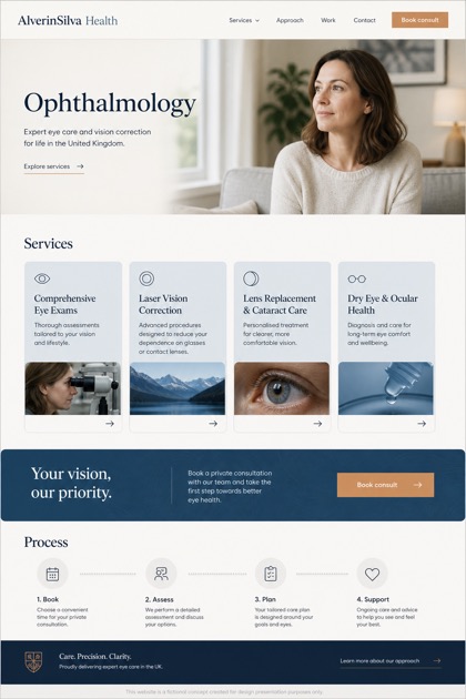 Healthcare website design for United Kingdom, showing a clear opening, service information, supporting content, and a focused inquiry action.