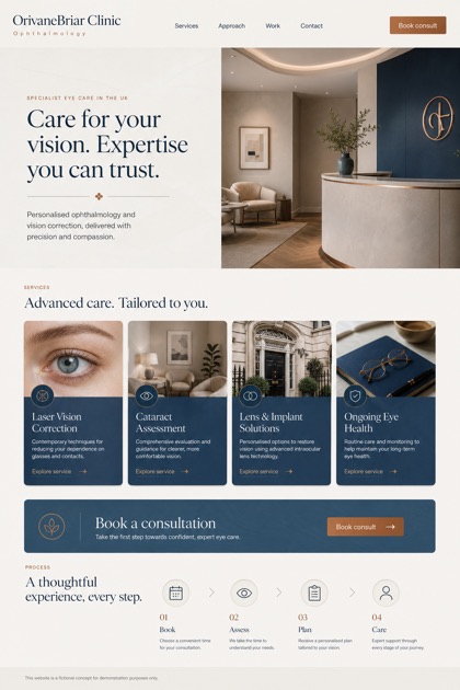 Healthcare website design for United Kingdom, showing a clear opening, service information, supporting content, and a focused inquiry action.