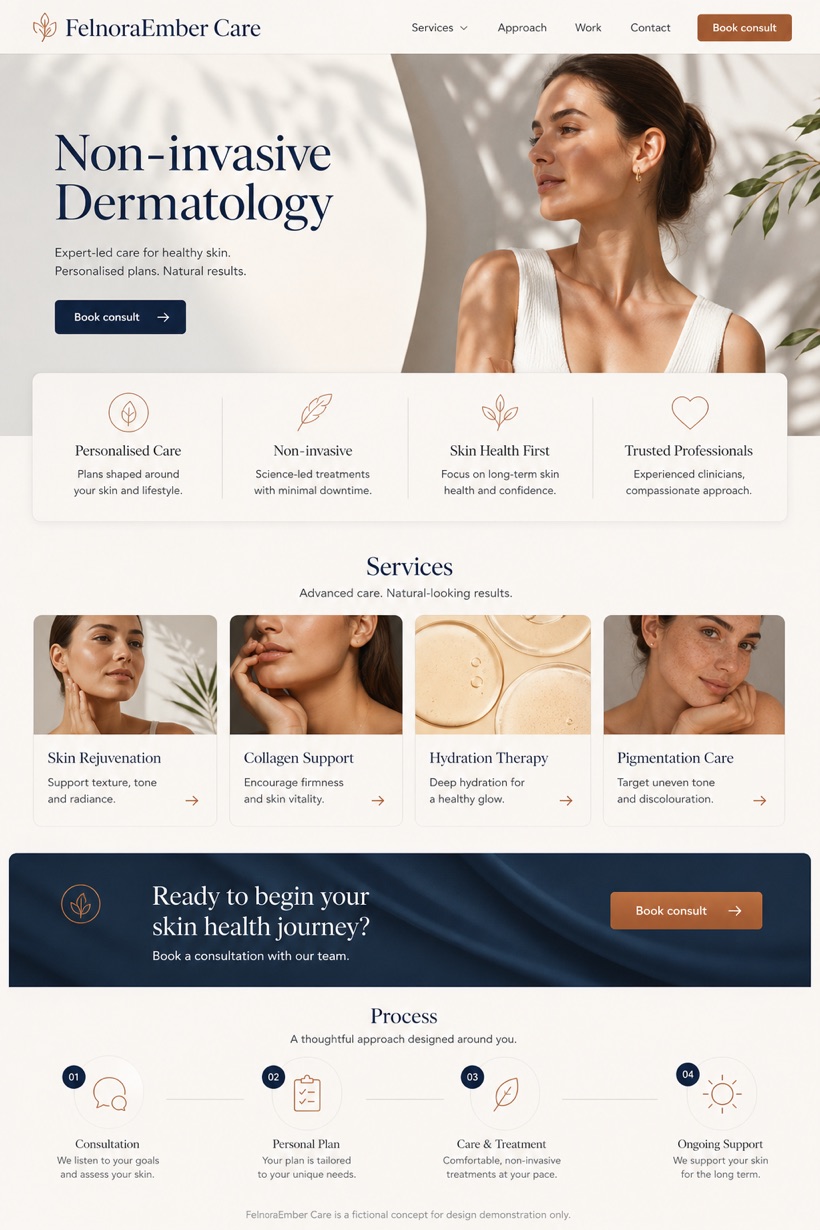 Healthcare website design for United Kingdom, showing a clear opening, service information, supporting content, and a focused inquiry action.