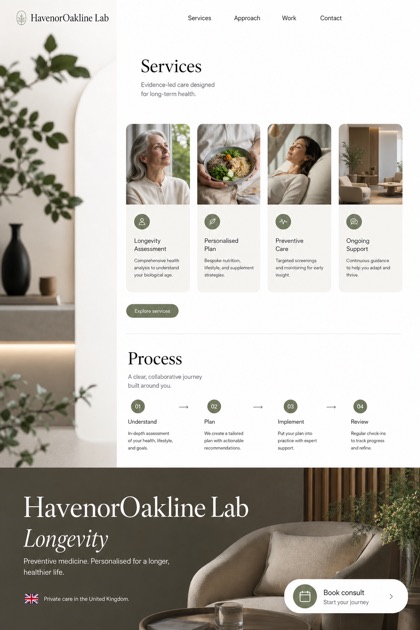 Healthcare website design for United Kingdom, showing a clear opening, service information, supporting content, and a focused inquiry action.