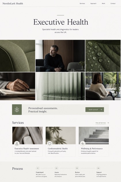 Healthcare website design for United Kingdom, showing a clear opening, service information, supporting content, and a focused inquiry action.