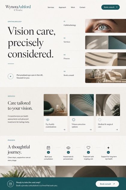 Healthcare website design for United Kingdom, showing a clear opening, service information, supporting content, and a focused inquiry action.