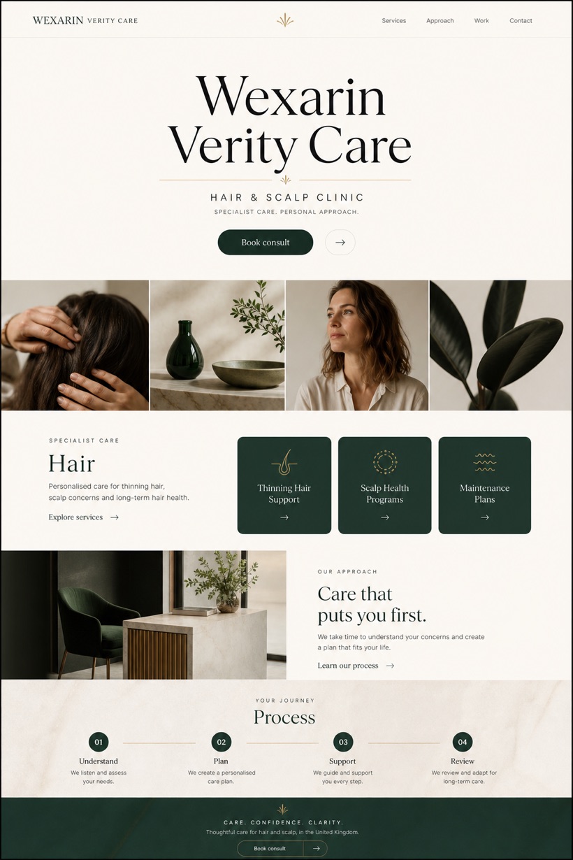 Healthcare website design for United Kingdom, showing a clear opening, service information, supporting content, and a focused inquiry action.