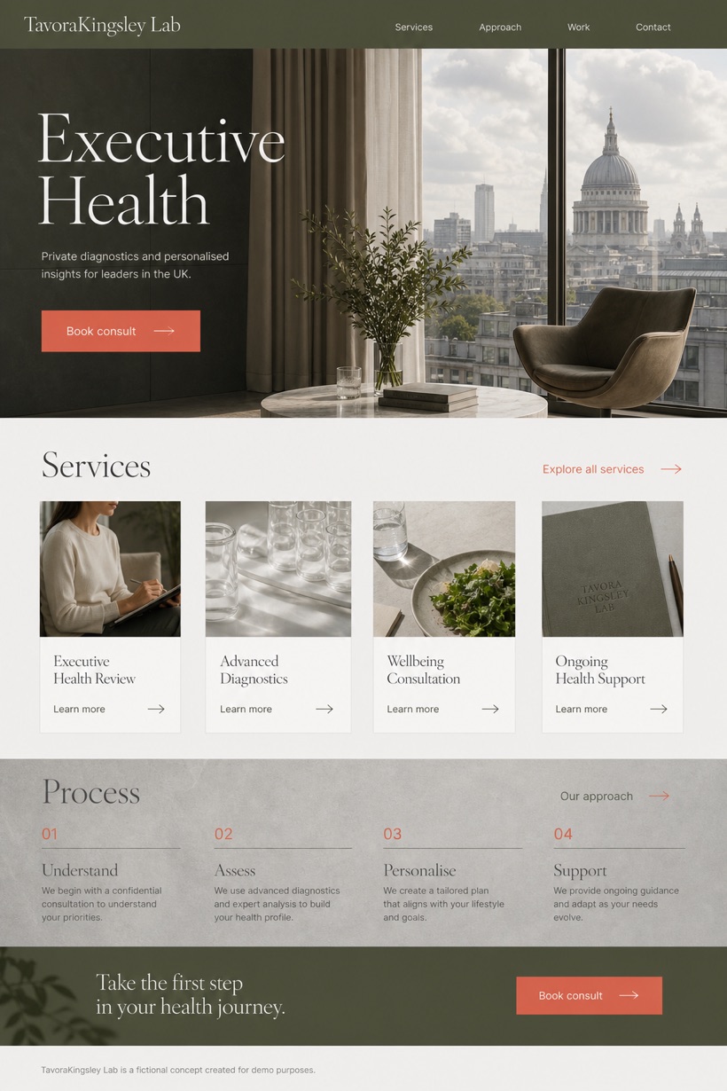 Healthcare website design for United Kingdom, showing a clear opening, service information, supporting content, and a focused inquiry action.