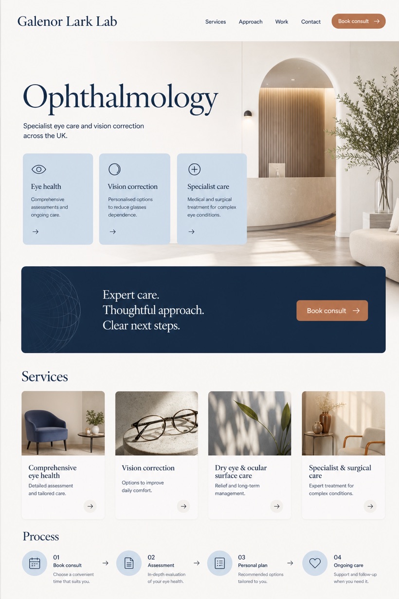 Healthcare website design for United Kingdom, showing a clear opening, service information, supporting content, and a focused inquiry action.