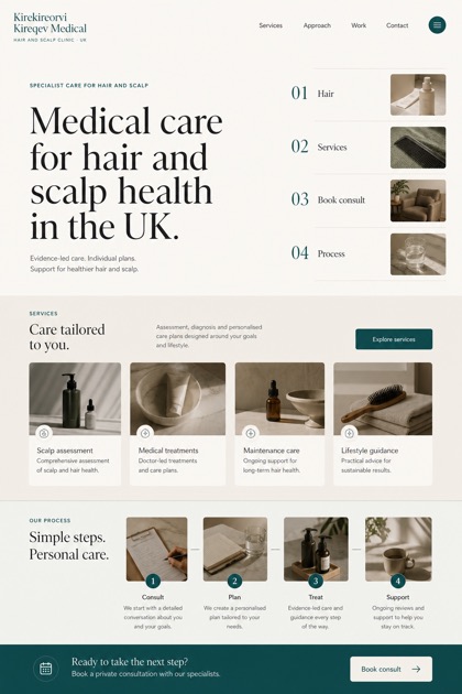Healthcare website design for United Kingdom, showing a clear opening, service information, supporting content, and a focused inquiry action.