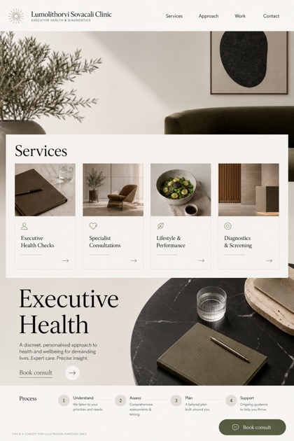 Healthcare website design for United Kingdom, showing a clear opening, service information, supporting content, and a focused inquiry action.