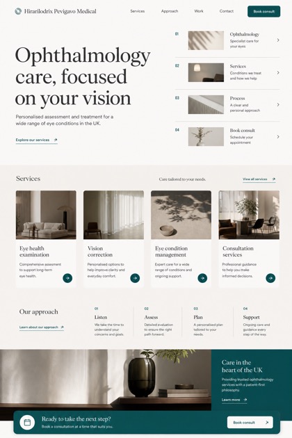 Healthcare website design for United Kingdom, showing a clear opening, service information, supporting content, and a focused inquiry action.