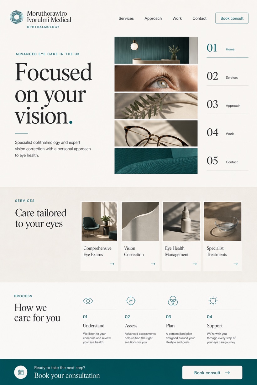 Healthcare website design for United Kingdom, showing a clear opening, service information, supporting content, and a focused inquiry action.