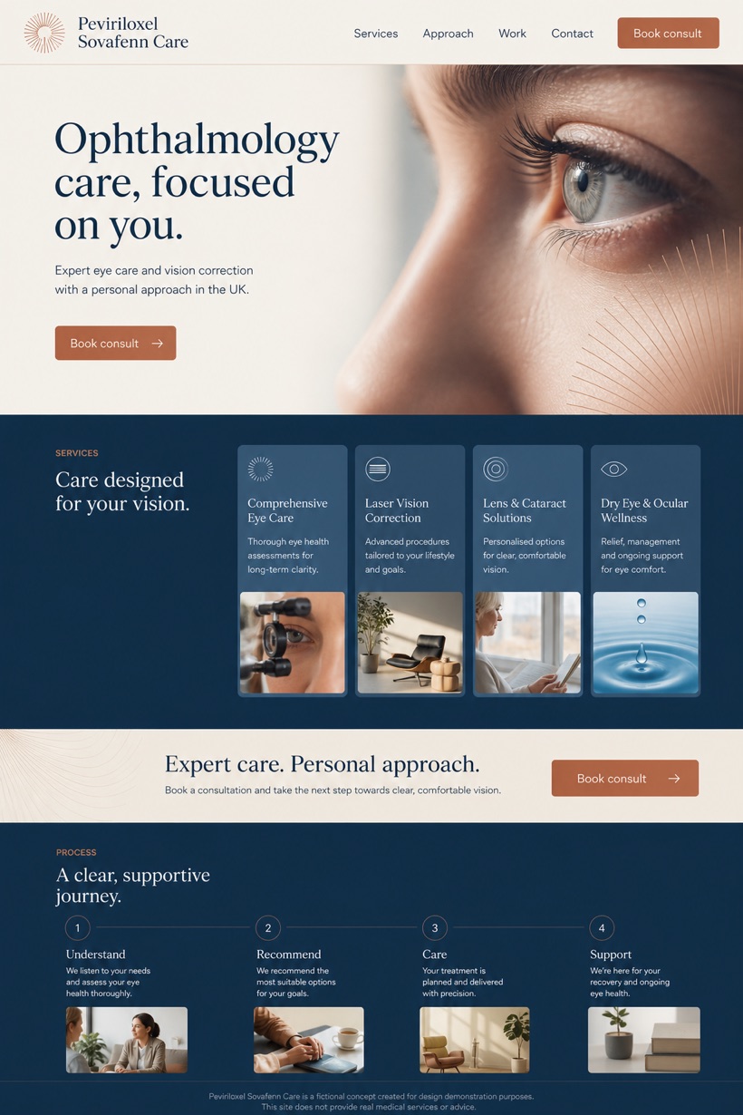 Healthcare website design for United Kingdom, showing a clear opening, service information, supporting content, and a focused inquiry action.