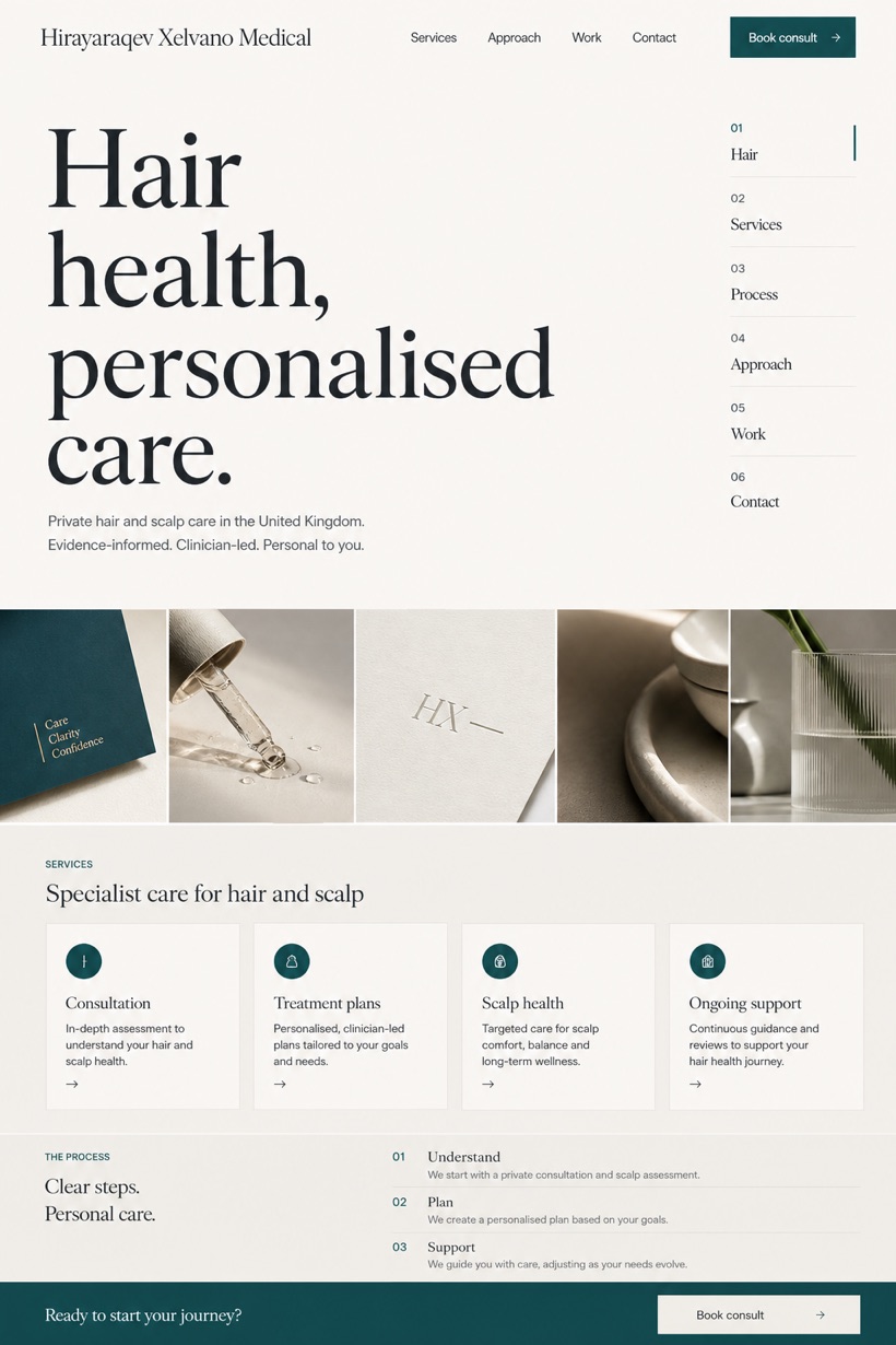 Healthcare website design for United Kingdom, showing a clear opening, service information, supporting content, and a focused inquiry action.