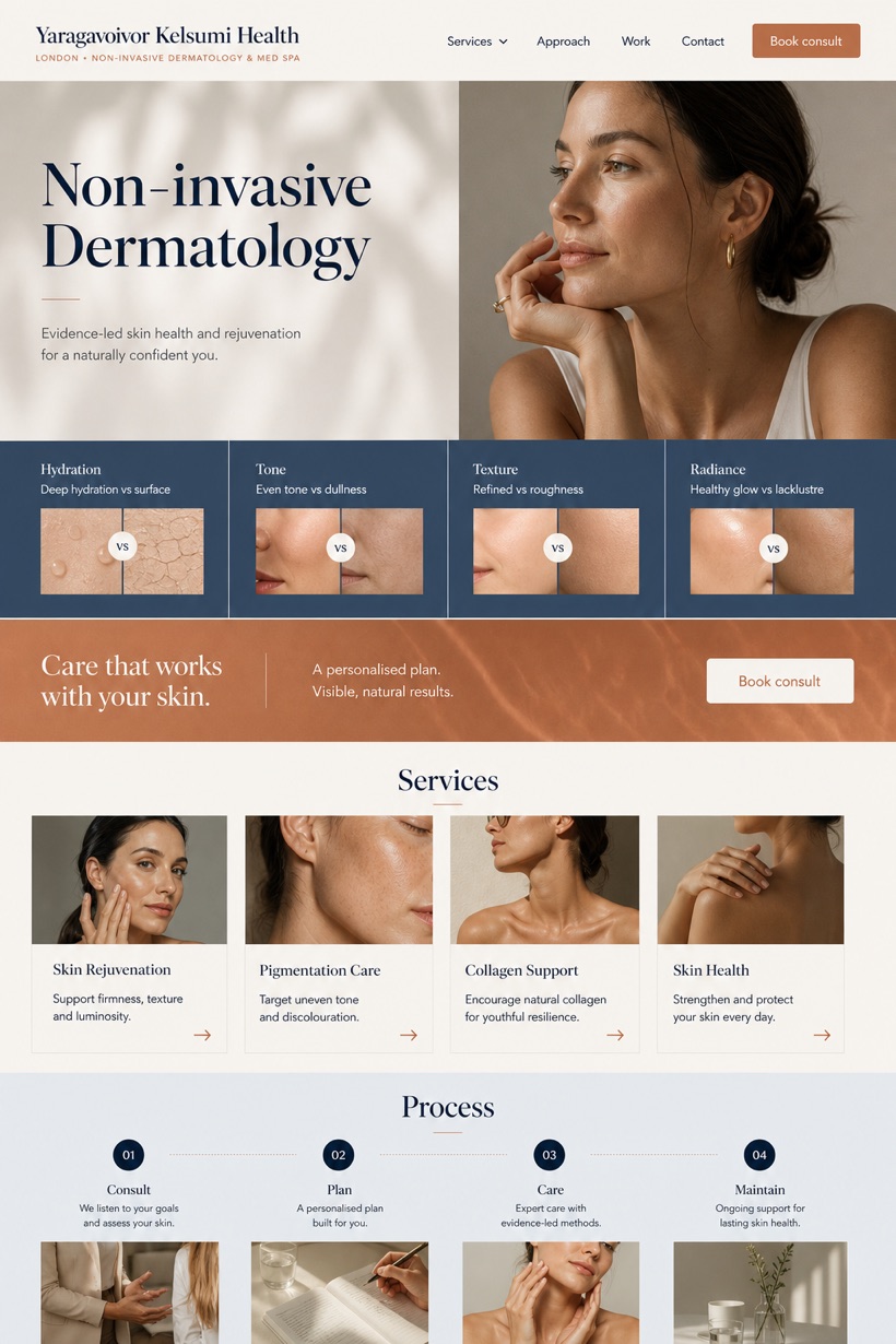 Healthcare website design for United Kingdom, showing a clear opening, service information, supporting content, and a focused inquiry action.