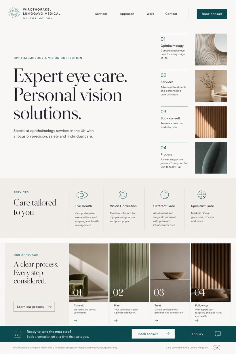 Healthcare website design for United Kingdom, showing a clear opening, service information, supporting content, and a focused inquiry action.