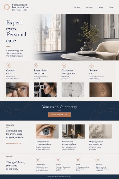 Healthcare website design for United Kingdom, showing a clear opening, service information, supporting content, and a focused inquiry action.