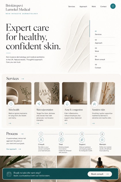 Healthcare website design for United Kingdom, showing a clear opening, service information, supporting content, and a focused inquiry action.