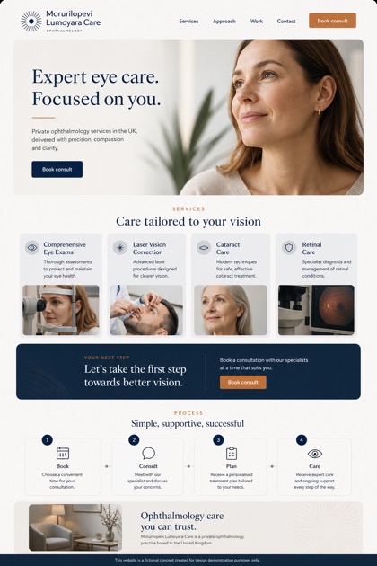 Healthcare website design for United Kingdom, showing a clear opening, service information, supporting content, and a focused inquiry action.