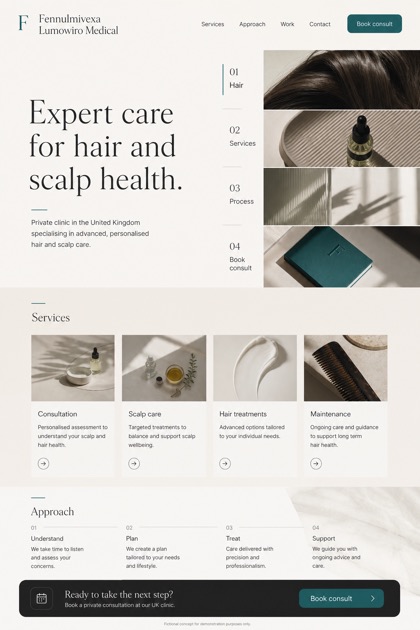 Healthcare website design for United Kingdom, showing a clear opening, service information, supporting content, and a focused inquiry action.