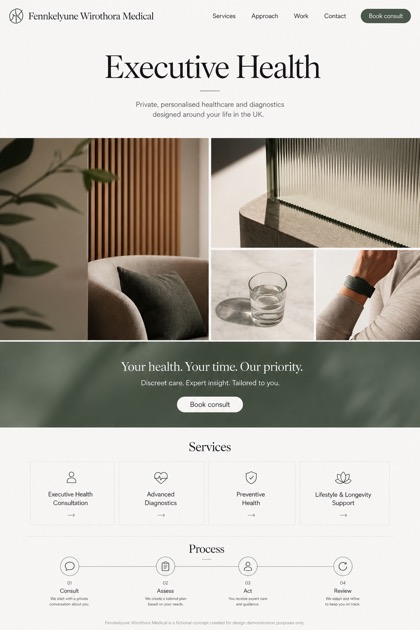 Healthcare website design for United Kingdom, showing a clear opening, service information, supporting content, and a focused inquiry action.