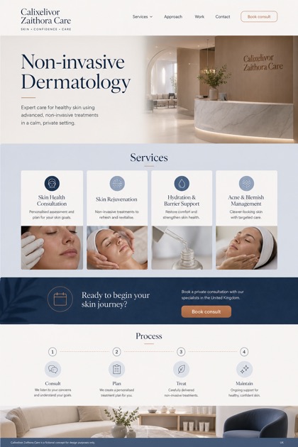 Healthcare website design for United Kingdom, showing a clear opening, service information, supporting content, and a focused inquiry action.