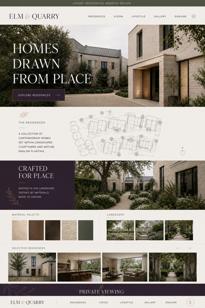 Fictional website concept for high end residential development featuring editorial layout chapters, full bleed captions, and neutral material tone palette