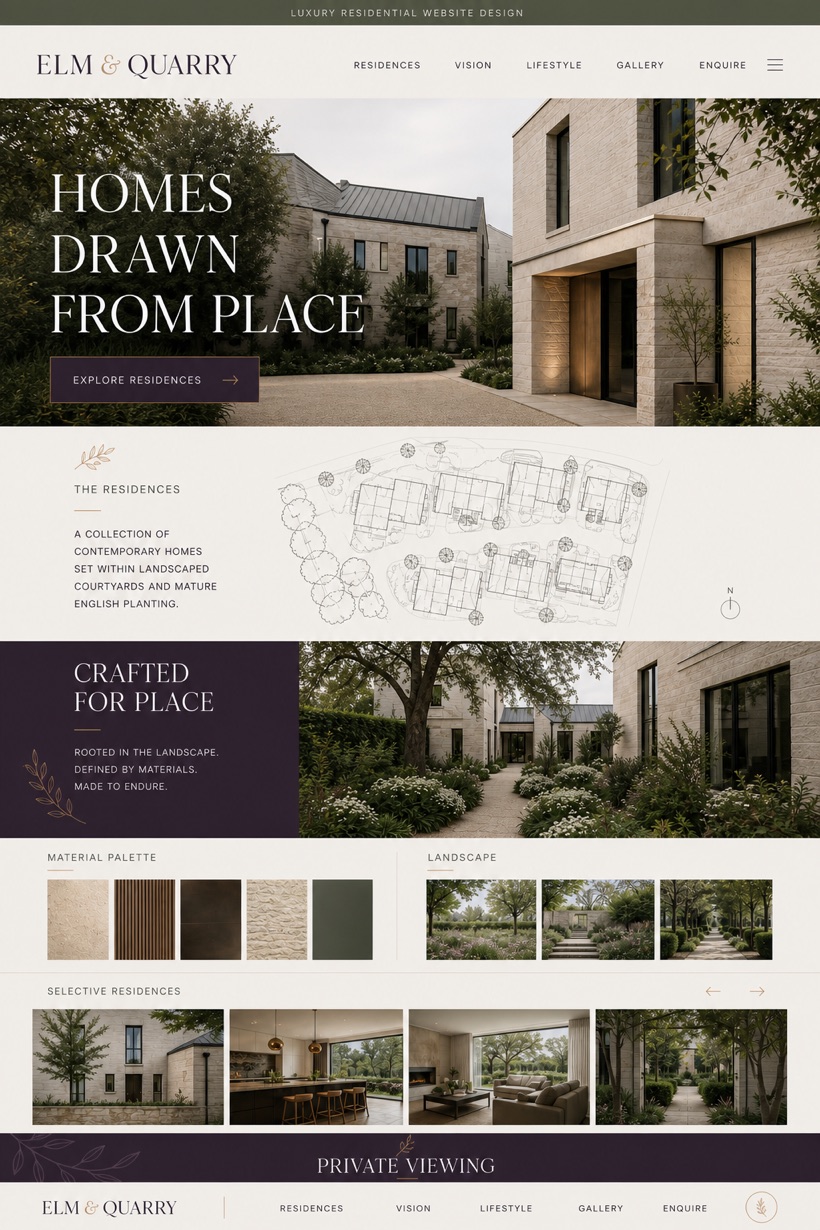 Fictional website concept for high end residential development featuring editorial layout chapters, full bleed captions, and neutral material tone palette