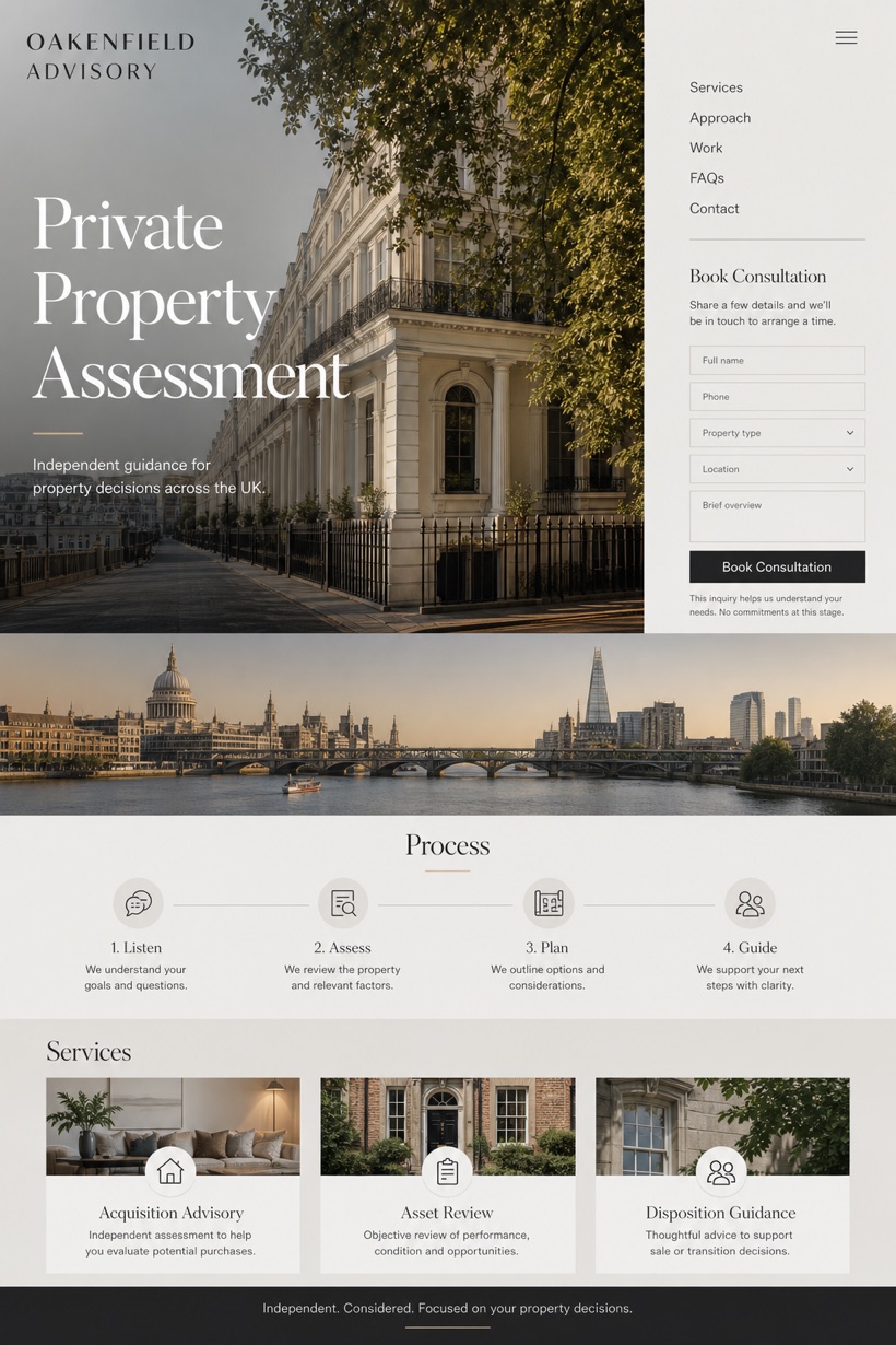 Property website design for United Kingdom, showing a clear opening, service information, supporting content, and a focused inquiry action.