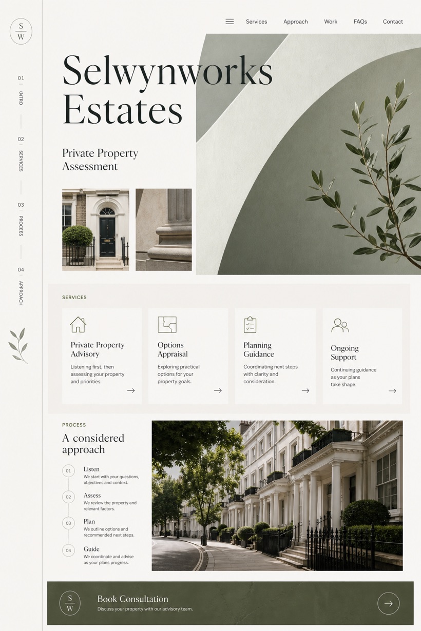 Property website design for United Kingdom, showing a clear opening, service information, supporting content, and a focused inquiry action.