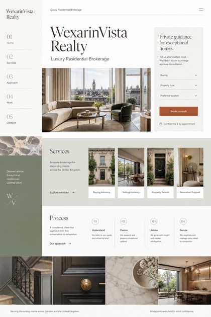 Property website design for United Kingdom, showing a clear opening, service information, supporting content, and a focused inquiry action.