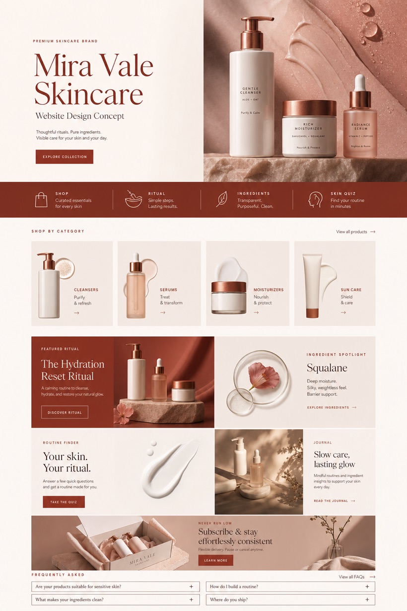 Fictional Mira Vale Skincare ecommerce website concept with product hero, shop categories, ingredient spotlight, routine finder, FAQ, and neutral retail CTAs