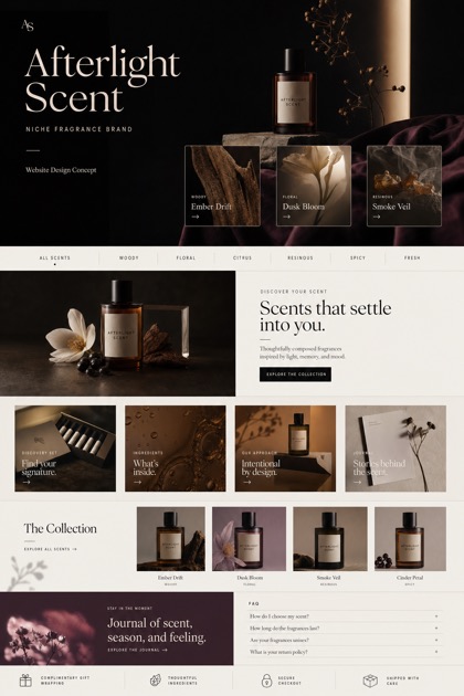 Fictional Afterlight Scent ecommerce website concept with dark editorial scent preview hero, category rail, product still life, collection cards, journal section, and FAQ