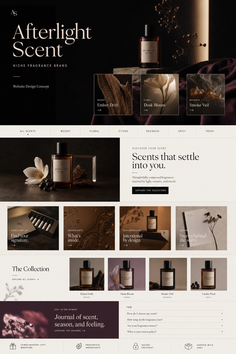 Fictional Afterlight Scent ecommerce website concept with dark editorial scent preview hero, category rail, product still life, collection cards, journal section, and FAQ