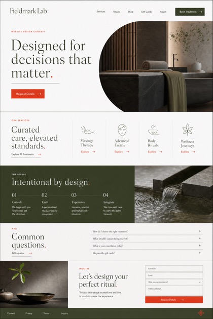 Fictional Fieldmark Lab Luxury spa website design showcase in a 2:3 layout with service sections, FAQ, and inquiry action
