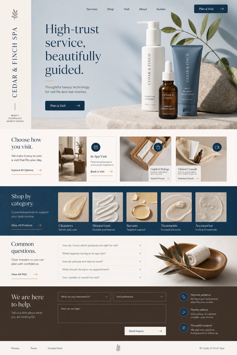 Fictional Cedar & Finch Spa Beauty technology brand website design showcase in a 2:3 layout with service sections, FAQ, and inquiry action