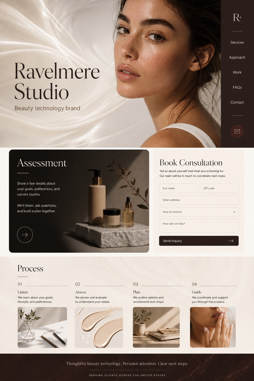 Beauty & Wellness website design for United States, showing a clear opening, service information, supporting content, and a focused inquiry action.