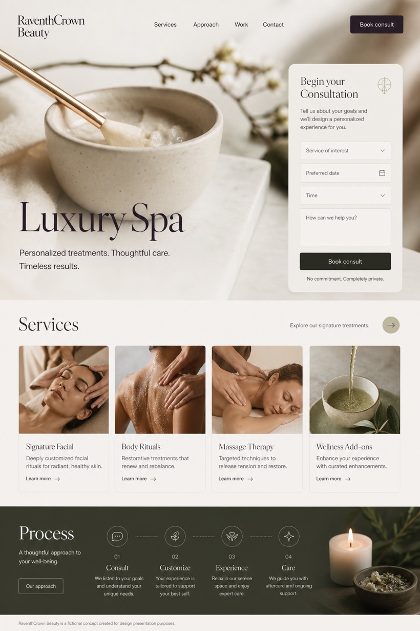 Beauty & Wellness website design for United States, showing a clear opening, service information, supporting content, and a focused inquiry action.