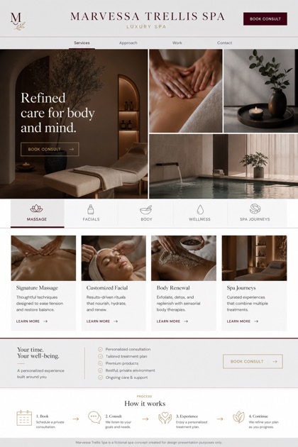 Beauty & Wellness website design for United States, showing a clear opening, service information, supporting content, and a focused inquiry action.