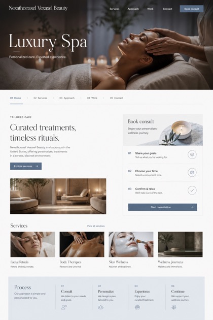Beauty & Wellness website design for United States, showing a clear opening, service information, supporting content, and a focused inquiry action.