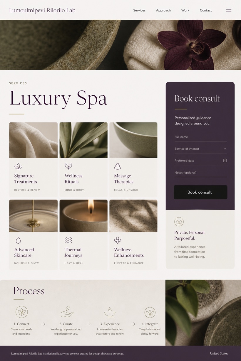 Beauty & Wellness website design for United States, showing a clear opening, service information, supporting content, and a focused inquiry action.