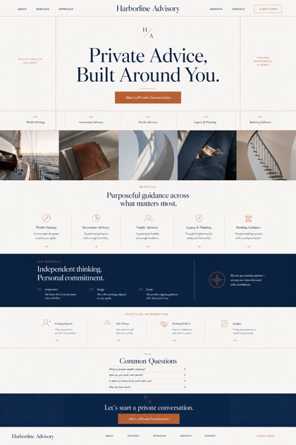 Fictional Harborline Advisory Private banking advisory website design showcase with a complete 2:3 page layout, service sections, practical information, and contact action