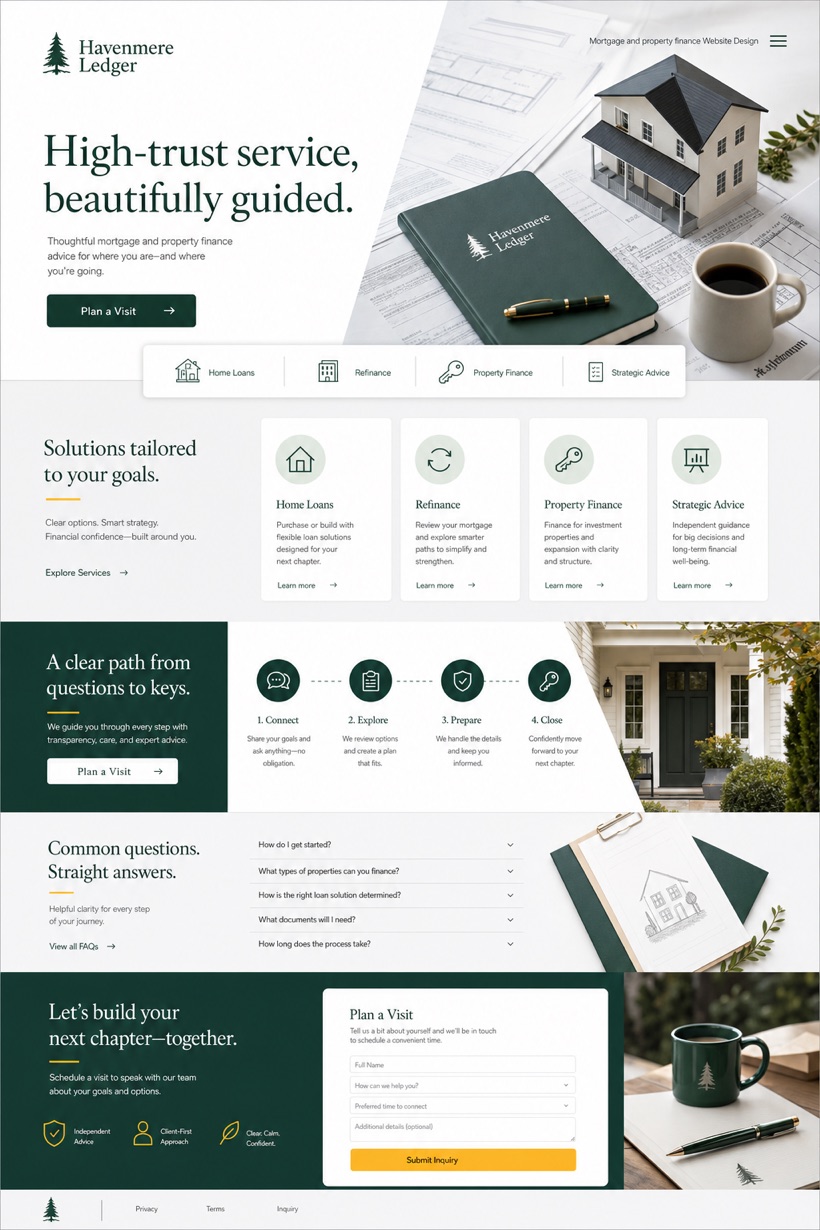 Fictional Havenmere Ledger Mortgage and property finance website design showcase in a 2:3 layout with service sections, FAQ, and inquiry action