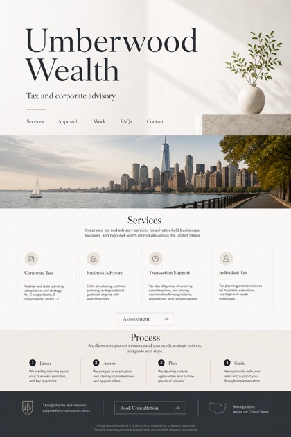 Finance website design for United States, showing a clear opening, service information, supporting content, and a focused inquiry action.