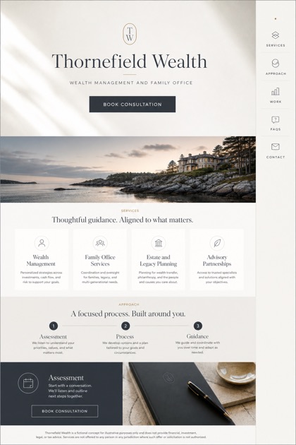 Finance website design for United States, showing a clear opening, service information, supporting content, and a focused inquiry action.